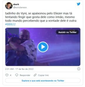 Web reagiu ao fato de Vyni ficar triste com Eliezer e Natália se 'pegando' (Foto: Reprodução / Twitter) Web reagiu ao fato de Vyni ficar triste com Eliezer e Natália se 'pegando' (Foto: Reprodução / Twitter)