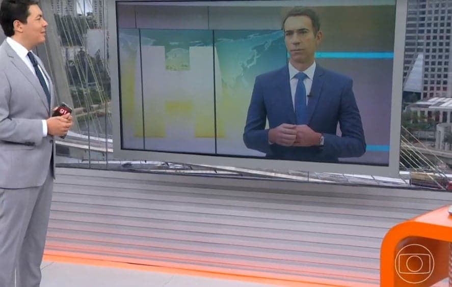 Alan Severiano e César Tralli em um link dentro do SP1- Foto: Reprodução/Globo