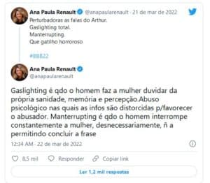Ana Paula Renault criticou Arthur do BBB22 em sua rede social (Foto: Reprodução / Twitter)