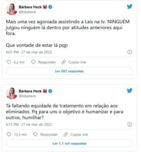 Bárbara Heck detonou Globo e defendeu Laís, última eliminada do BBB22 (Foto: Reprodução / Twitter) Bárbara Heck detonou Globo e defendeu Laís, última eliminada do BBB22 (Foto: Reprodução / Twitter)
