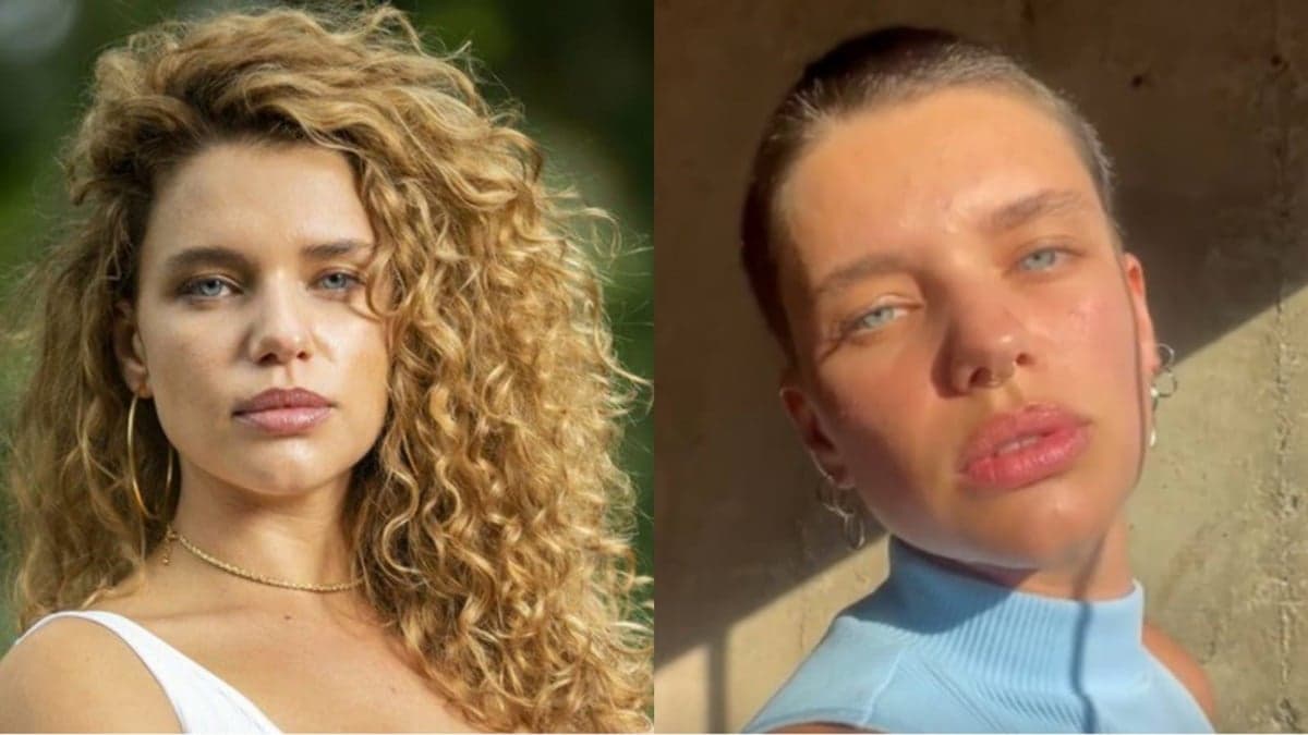 Bruna Linzmeyer durante as gravações de "Pantanal" e aualmente careca para novo personagem no cinema Bruna Linzmeyer durante as gravações de "Pantanal" e aualmente careca para novo personagem no cinema