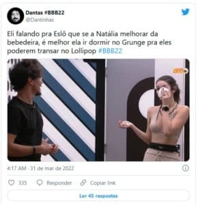 Internautas reagiram a noite quente de Eliezer e Natália no BBB22 (Foto: Reprodução / Twitter) Internautas reagiram a noite quente de Eliezer e Natália no BBB22 (Foto: Reprodução / Twitter)