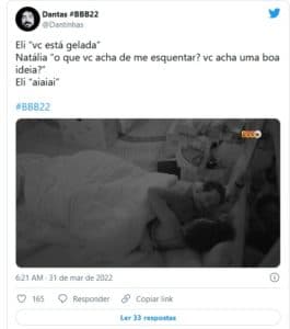 Internautas reagiram a noite quente de Eliezer e Natália no BBB22 (Foto: Reprodução / Twitter) Internautas reagiram a noite quente de Eliezer e Natália no BBB22 (Foto: Reprodução / Twitter)