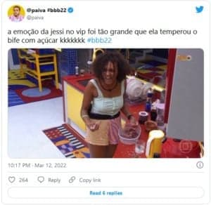 Usuários se divertiram com as reações de Jessilane no VIP do BBB22 (Foto: Reprodução / Twitter) Usuários se divertiram com as reações de Jessilane no VIP do BBB22 (Foto: Reprodução / Twitter)