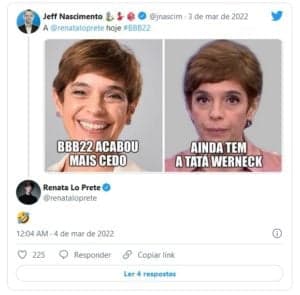 Internautas brincaram que Renata Lo Prete ficou feliz com vitória em tempo recorde de Scooby no BBB22 (Foto: Reprodução / Twitter) Internautas brincaram que Renata Lo Prete ficou feliz com vitória em tempo recorde de Scooby no BBB22 (Foto: Reprodução / Twitter)