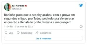 Internautas brincaram que Renata Lo Prete ficou feliz com vitória em tempo recorde de Scooby no BBB22 (Foto: Reprodução / Twitter) Internautas brincaram que Renata Lo Prete ficou feliz com vitória em tempo recorde de Scooby no BBB22 (Foto: Reprodução / Twitter)