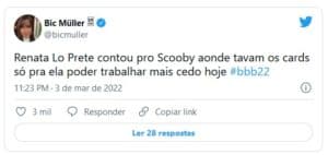 Internautas brincaram que Renata Lo Prete ficou feliz com vitória em tempo recorde de Scooby no BBB22 (Foto: Reprodução / Twitter) Internautas brincaram que Renata Lo Prete ficou feliz com vitória em tempo recorde de Scooby no BBB22 (Foto: Reprodução / Twitter)