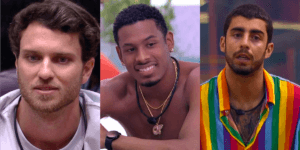 Lucas, Paulo André e Pedro Scooby estão no paredão do BBB22 (Foto: Reprodução) Lucas, Paulo André e Pedro Scooby estão no paredão do BBB22 (Foto: Reprodução)