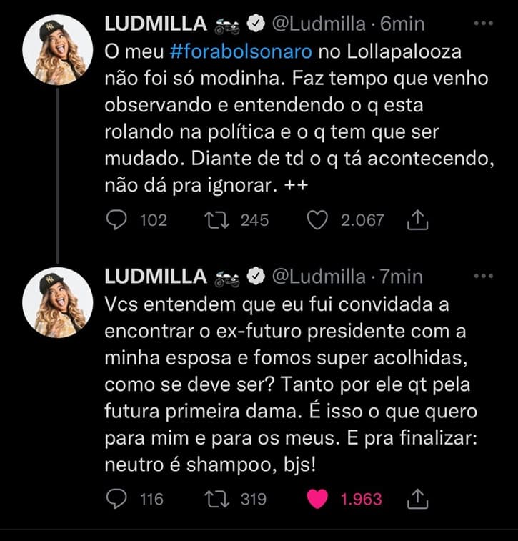 Ludmilla explica seus motivos de ter puxado "Fora Bolsonaro" e ainda revela encontro com Lula 