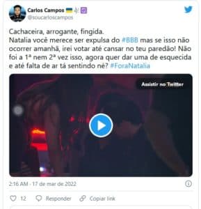 Internautas pedem expulsão de Natália no BBB22 (Foto: Reprodução / Twitter)