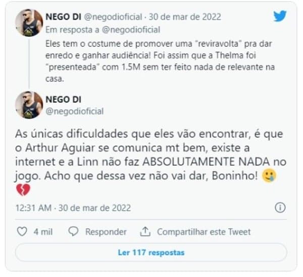 BBB22: Nego Di fala sobre o VT de Arthur Aguiar (Foto: Reprodução/Twitter)