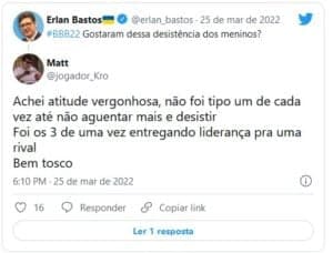 Fãs do BBB22 não gostaram da vitória de Lina como líder (Foto: Reprodução / Twitter) Fãs do BBB22 não gostaram da vitória de Lina como líder (Foto: Reprodução / Twitter)