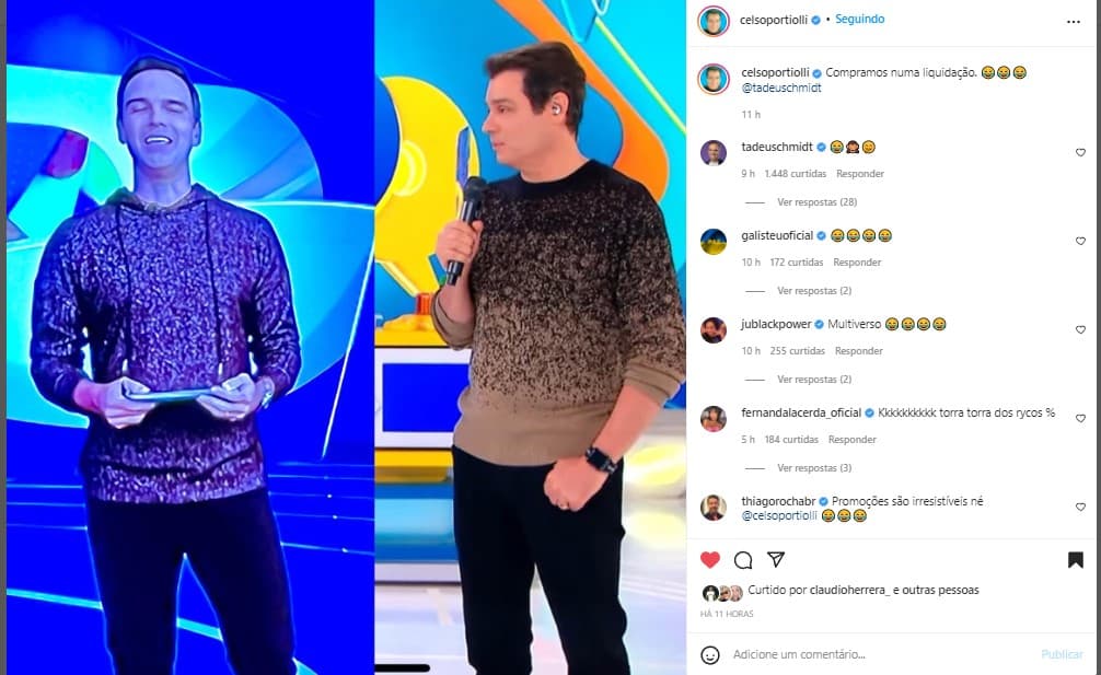 Celso Portiolli comentou sobre o look idêntico de Tadeu na Globo Celso Portiolli comentou sobre o look idêntico de Tadeu na Globo