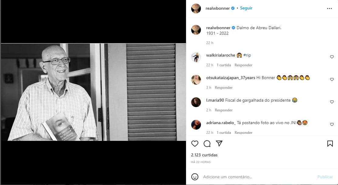 William Bonner faz homenagem a Dalmo de Abreu Dallari, após morte - Foto: Reprodução