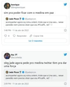  Jade Picon foi criticada na web por apoiar Paulo André no BBB22 vivendo um suposto affair com Gabriel Medina (Foto: Reprodução / Twitter)