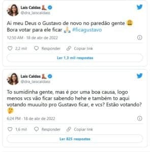 Laís está na torcida por Gustavo para que o ex-casa de vidro não seja eliminado do BBB22 (Foto: Reprodução / Twitter)