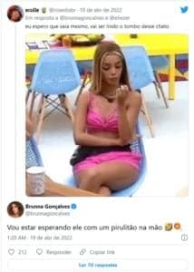 Brunna Gonçalves está ansiosa para a eliminação de Gustavo no BBB22 (Foto: Reprodução / Twitter) Brunna Gonçalves está ansiosa para a eliminação de Gustavo no BBB22 (Foto: Reprodução / Twitter)