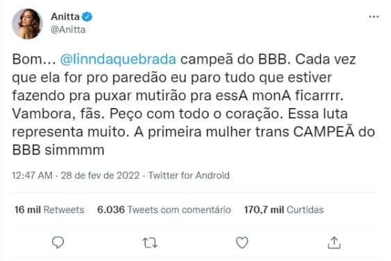 BBB22: Anitta estava torcendo por Linn da Quebrada (Foto: Reprodução/Twitter)