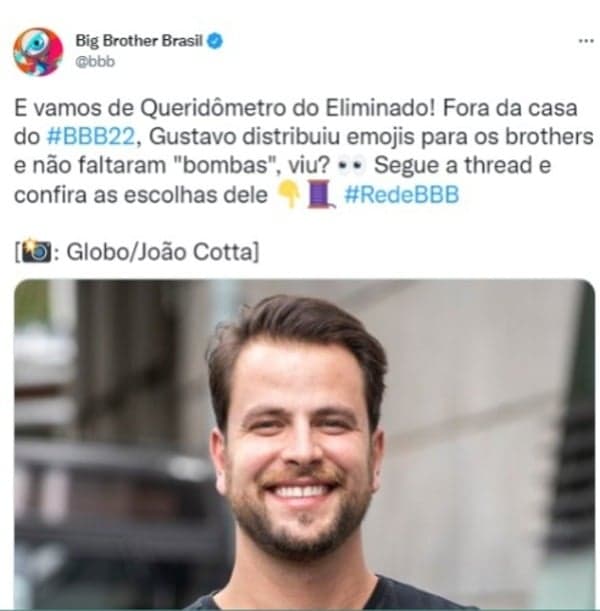 BBB22: Gustavo participou do Queridômetro do Eliminado (Foto: Reprodução/Twitter)