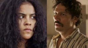 Tibério (Guito) e Muda (Bella Campos) em Pantanal; peão será visto como figura paterna por ela (Foto: Reprodução / Globo) Tibério (Guito) e Muda (Bella Campos) em Pantanal; peão será visto como figura paterna por ela (Foto: Reprodução / Globo)
