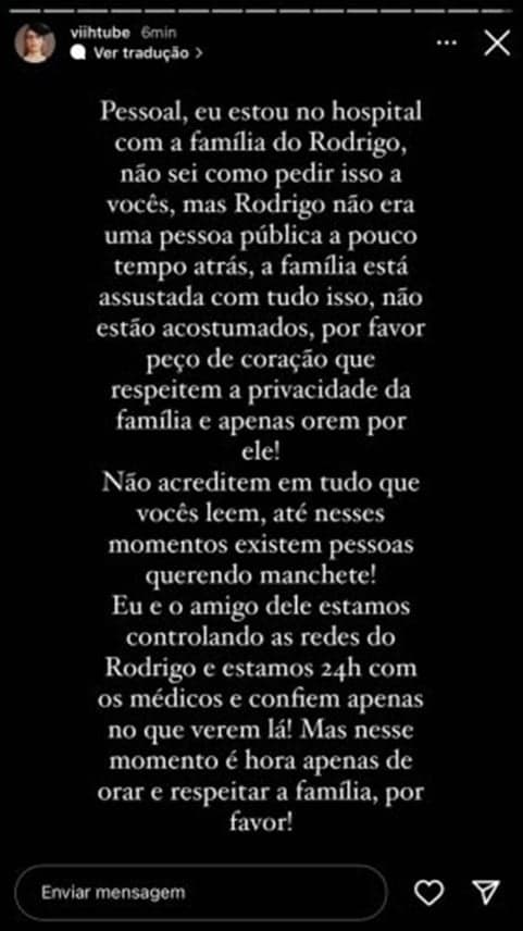 Viih Tube está cuidando das redes sociais de Rodrigo Mussi após acidente 