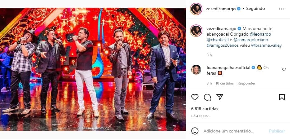 Zezé surge ao lado de Luciano, Chitãozinho e Xororó e Leonardo - Foto: Reprodução
