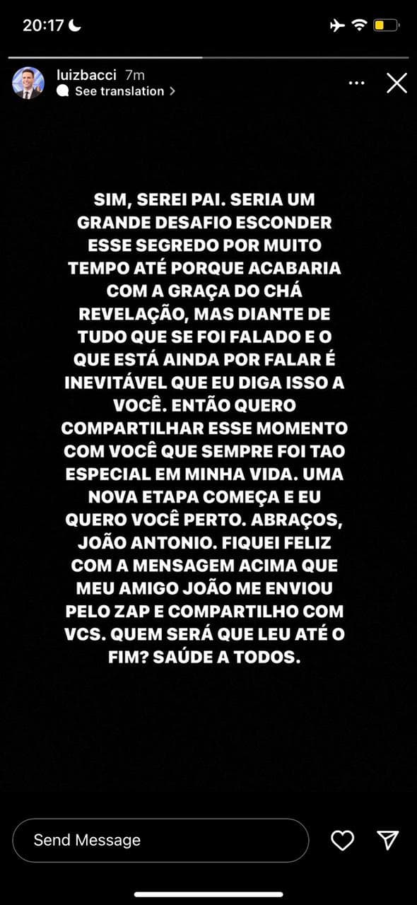 "Seria um desafio esconder", Luiz Bacci faz comunicado sobre paternidade e confirma: "Sim, serei pai"