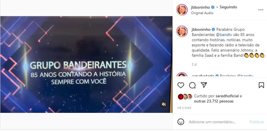 Boninho faz homenagem ao Grupo Bandeirantes (Foto: Reprodução/Instagram)