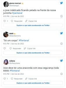 Internautas brincaram e criticaram Jove (Jesuíta Barbosa) pelado na frente de Juma (Alanis Guillen) em 'Pantanal' (Foto: Reprodução / Twitter) Internautas brincaram e criticaram Jove (Jesuíta Barbosa) pelado na frente de Juma (Alanis Guillen) em 'Pantanal' (Foto: Reprodução / Twitter)