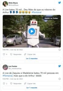 Web relembrou live de Arthur Aguiar e comparou com a feita pela personagem de "Pantanal" (Foto: Reprodução / Twitter) Web relembrou live de Arthur Aguiar e comparou com a feita pela personagem de "Pantanal" (Foto: Reprodução / Twitter)