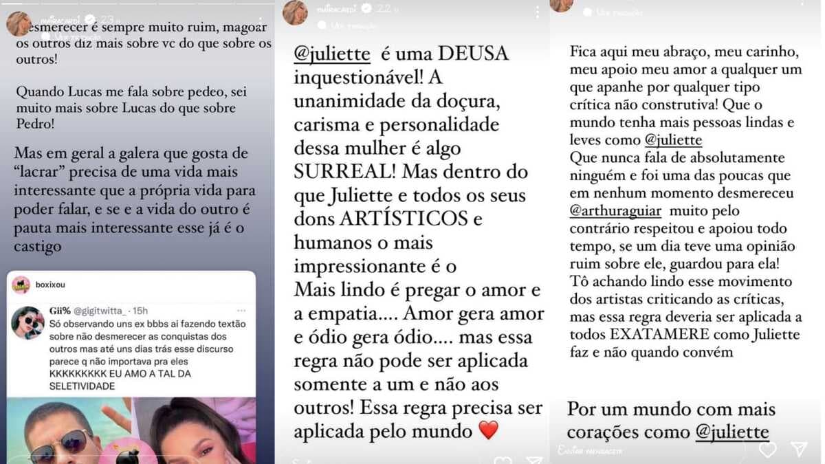 Maíra Cardi apoia Juliette no Instagram (Foto: Reprodução) Maíra Cardi apoia Juliette no Instagram (Foto: Reprodução)