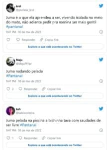 Jove (Jesuíta Barbosa) e Juma (Alanis Guillen) decidiram dar um mergulho na piscina em "Pantanal" e internautas reagiram (Foto: Reprodução / Twitter) Jove (Jesuíta Barbosa) e Juma (Alanis Guillen) decidiram dar um mergulho na piscina em "Pantanal" e internautas reagiram (Foto: Reprodução / Twitter)