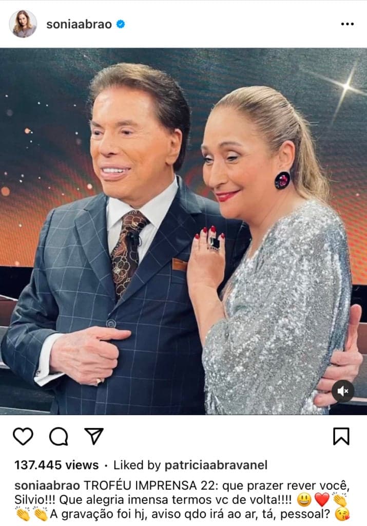 Sonia Abrão expõe ida à programa do SBT e faz anúncio com Silvio Santos: “Alegria ter você de volta” Sonia Abrão expõe ida à programa do SBT e faz anúncio com Silvio Santos: “Alegria ter você de volta”