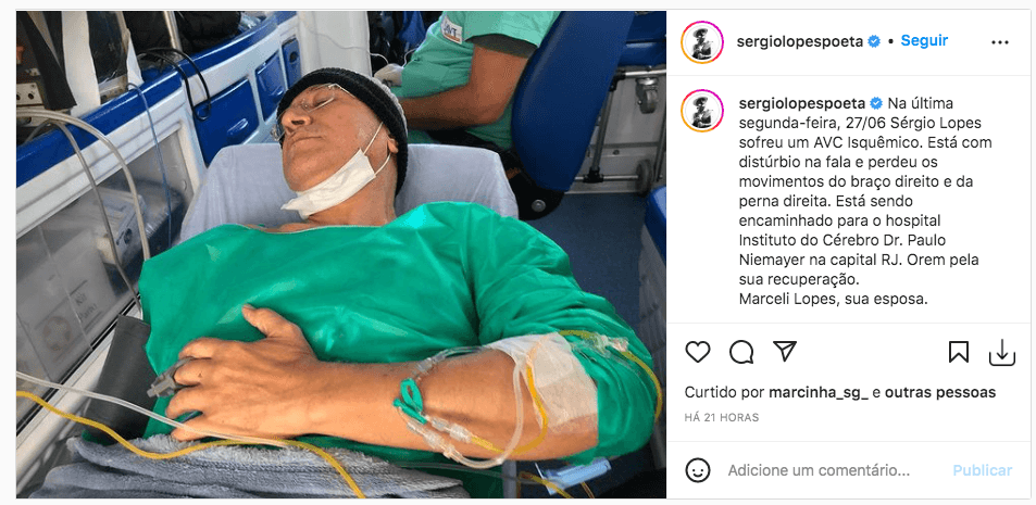 Assessoria do cantor Sérgio Lopes divulgou o estado do artista gospel nas redes sociais -Foto:Reproduçao\ Instagram