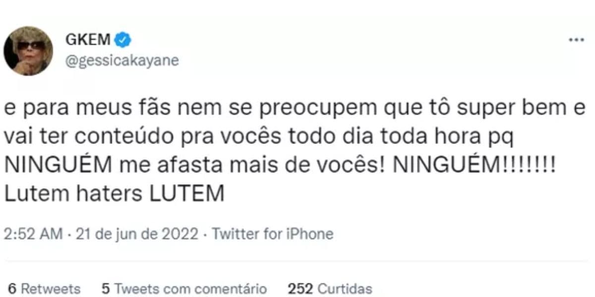 Gkay faz desabafo no twitter sobre os críticos de plantão - Foto: Reprodução Twitter Gkay faz desabafo no twitter sobre os críticos de plantão - Foto: Reprodução Twitter