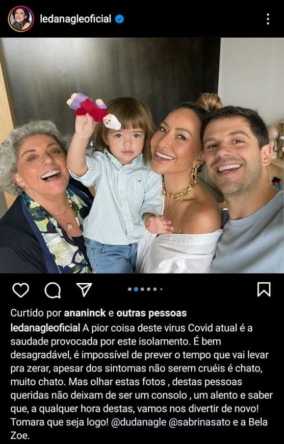 Leda Nagle expõe que esta com Covid e faz homenagem à união familiar 