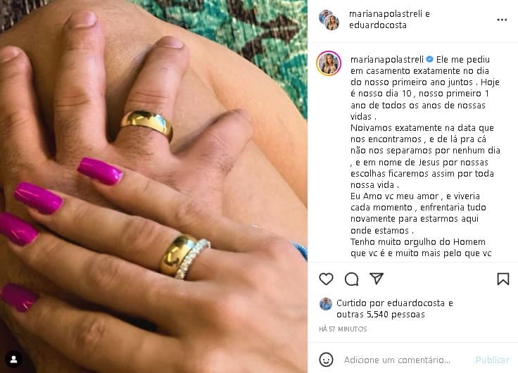 Eduardo Costa ganhou uma declaração da esposa, Mariana Polastreli (Foto: Reprodução/ Instagram)