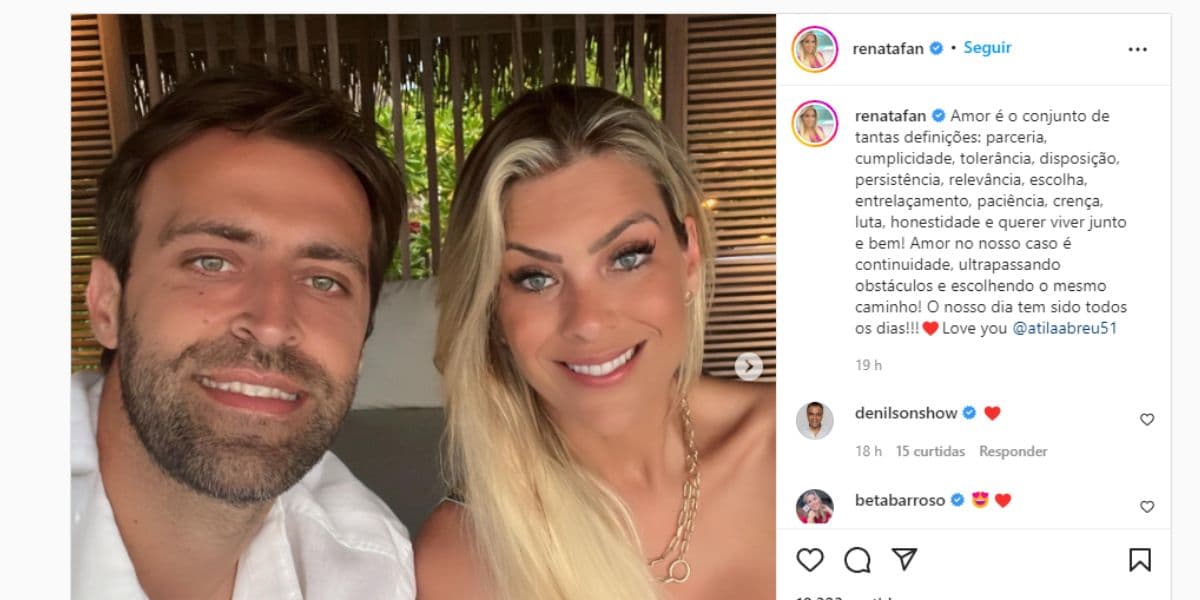 Renata Fan expõe relação, declara amor em textão e recebe recado de Denílson: "Querer viver junto"