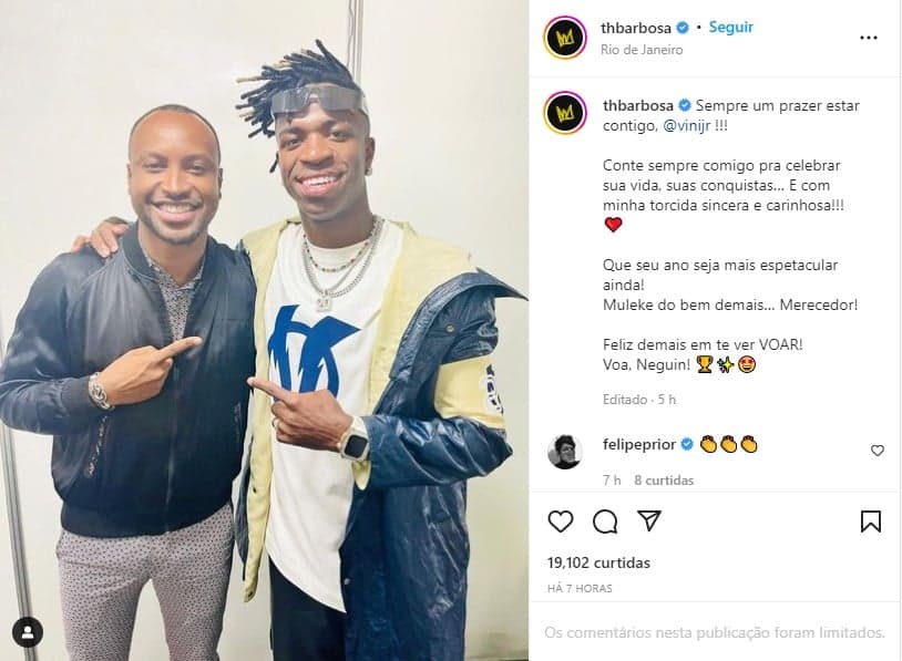 Thiaguinho se declara ao grande parceiro, Vinícius Jr. - Foto: Reprodução Thiaguinho se declara ao grande parceiro, Vinícius Jr. - Foto: Reprodução