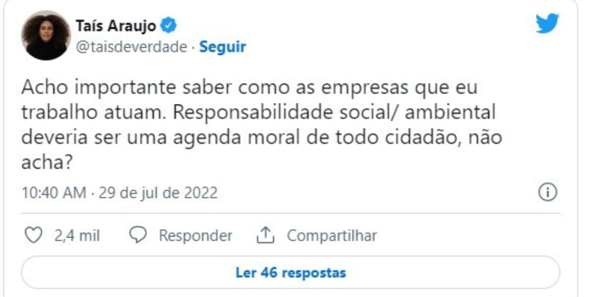 Atriz Taís Araujo é exposta, aparece de surpresa e dá resposta direta - Reprodução Twitter Atriz Taís Araujo é exposta, aparece de surpresa e dá resposta direta - Reprodução Twitter
