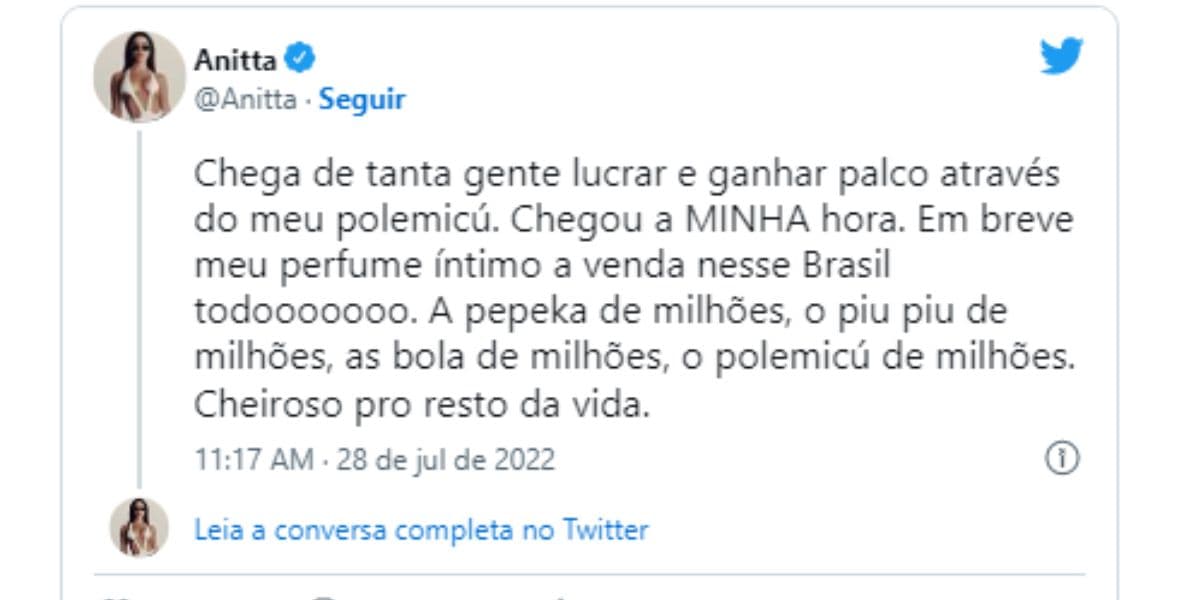 Anitta anuncia venda de perfume para área íntima, que promete ser nova sensação do momento