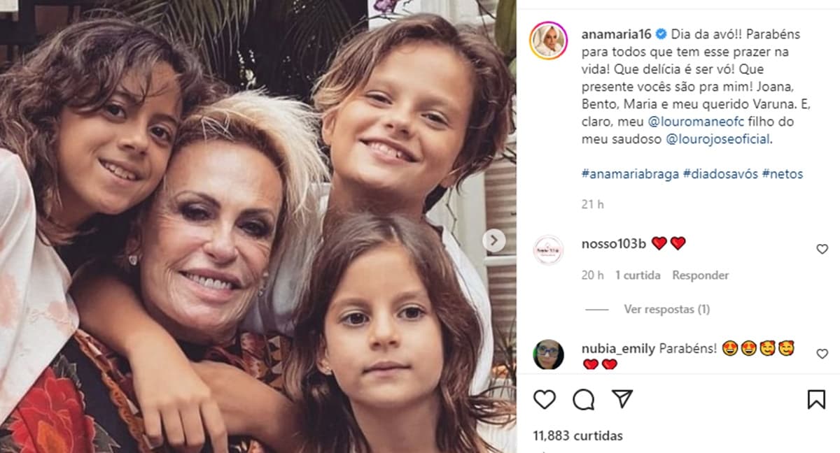 Ana Maria Braga publica foto com os netos no dia dos avós 