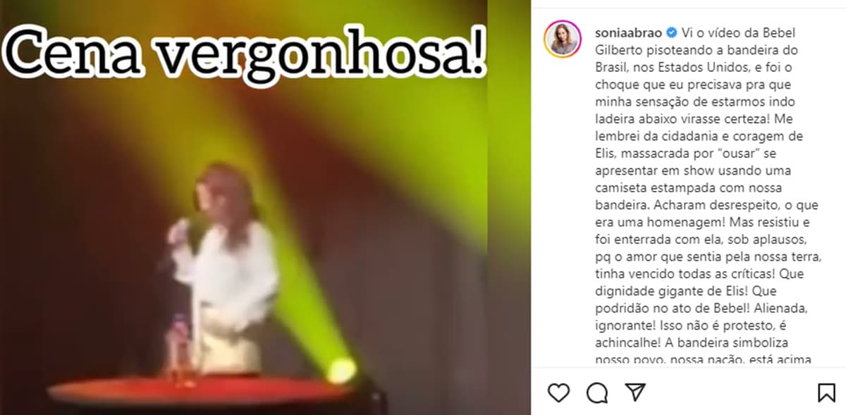 Sonia Abrão emite sua opinião sobre atitude desrespeitosa com a pátria de Bebel Gilberto Sonia Abrão emite sua opinião sobre atitude desrespeitosa com a pátria de Bebel Gilberto