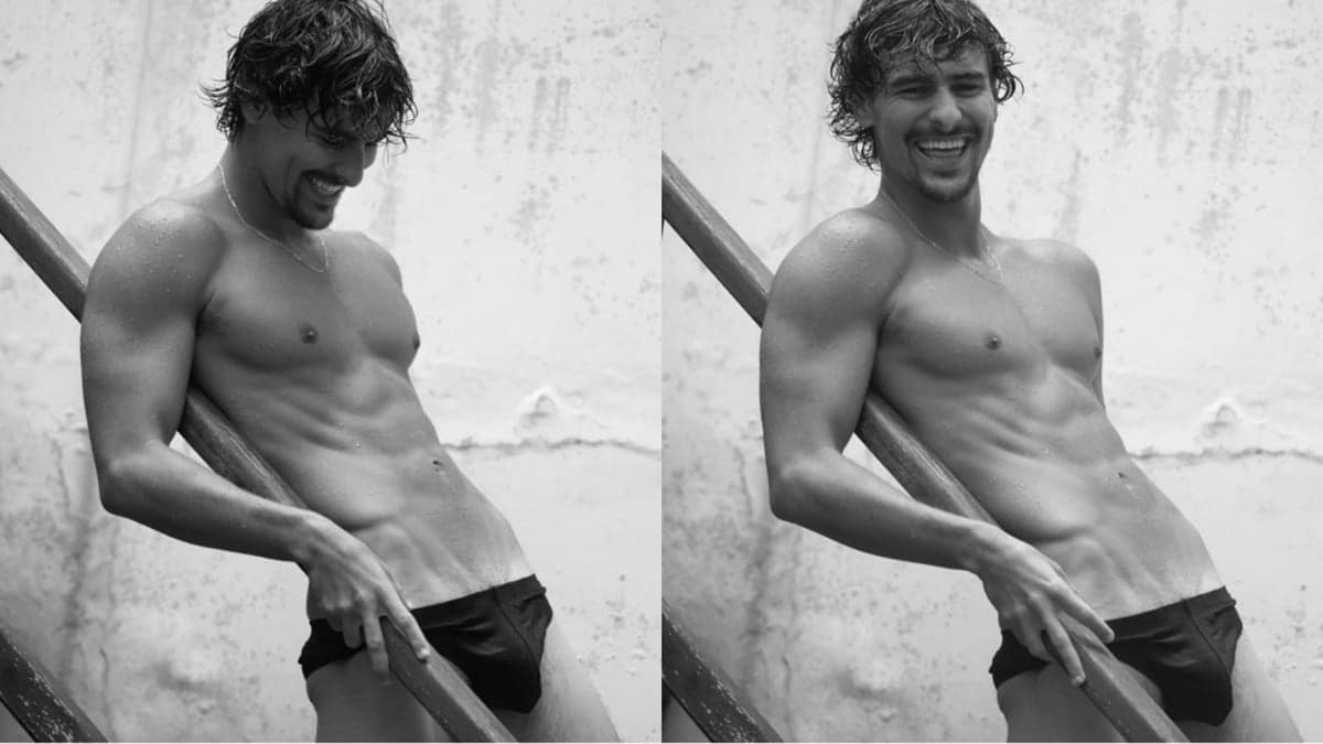 Bruno Montaleone fica só de cueca com volume à mostra e olha para parte íntima em cliques ousados 