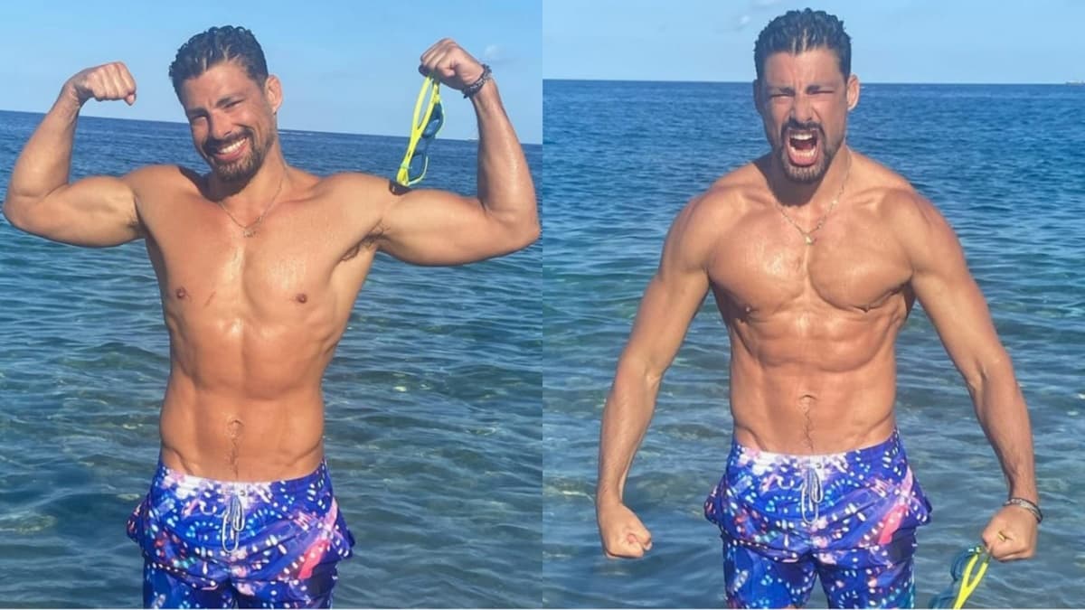Cauã Reymond exibe seus músculos em praia da Itália em cliques feitos pela esposa 