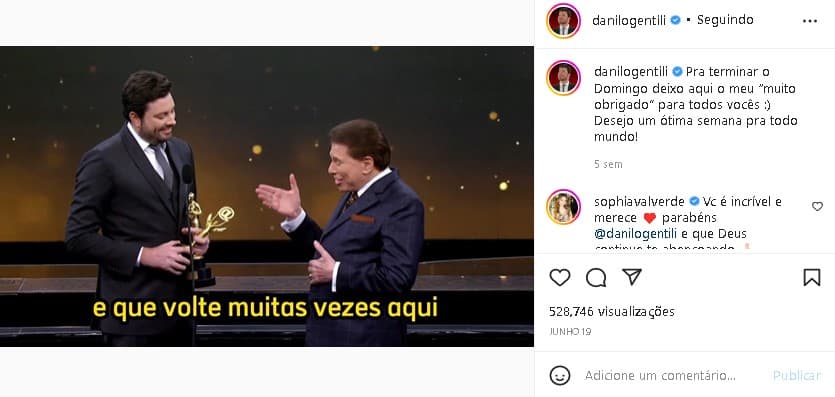 Danilo Gentili se derreteu em elogios para Silvio Santos, seu patrão no SBT (Foto: Reprodução/ Instagram)