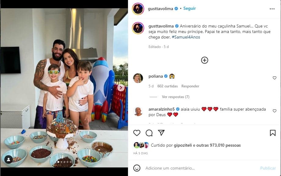 Gusttavo Lima reúne a família e faz homenagem ao filho, Samuel - Foto: Reprodução Gusttavo Lima reúne a família e faz homenagem ao filho, Samuel - Foto: Reprodução