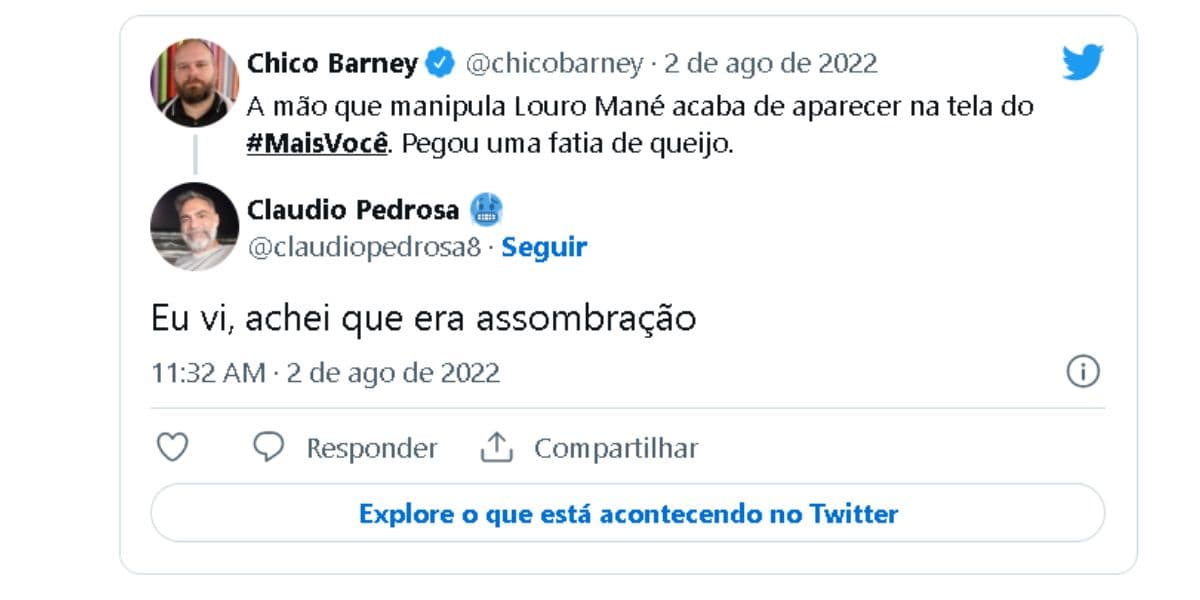 Inernautas comentam momento em que mão de Louro Mané aparece no Mais Você - Reprodução Globo