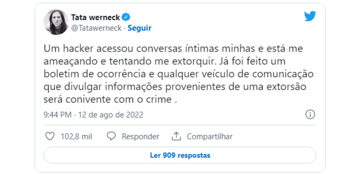Tatá Werneck tem conversas íntimas acessadas por hacker - Reprodução Twitter Tatá Werneck tem conversas íntimas acessadas por hacker - Reprodução Twitter