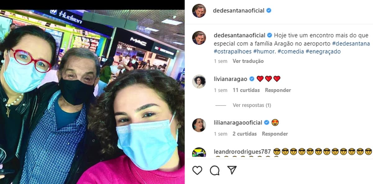 Dedé Santana encontra, sem querer querendo, esposa e filha de Didi no aeroporto 